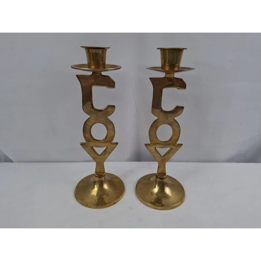 Vtg International Silver Co. Solid Brass JOY Candlestick Holders Set of 2 India